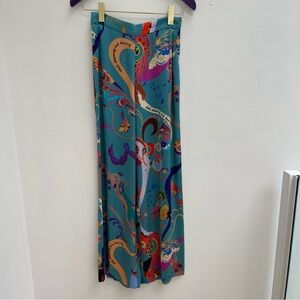 ETRO turquoise satin silk wide leg pants with colourful patterns size 38 XS